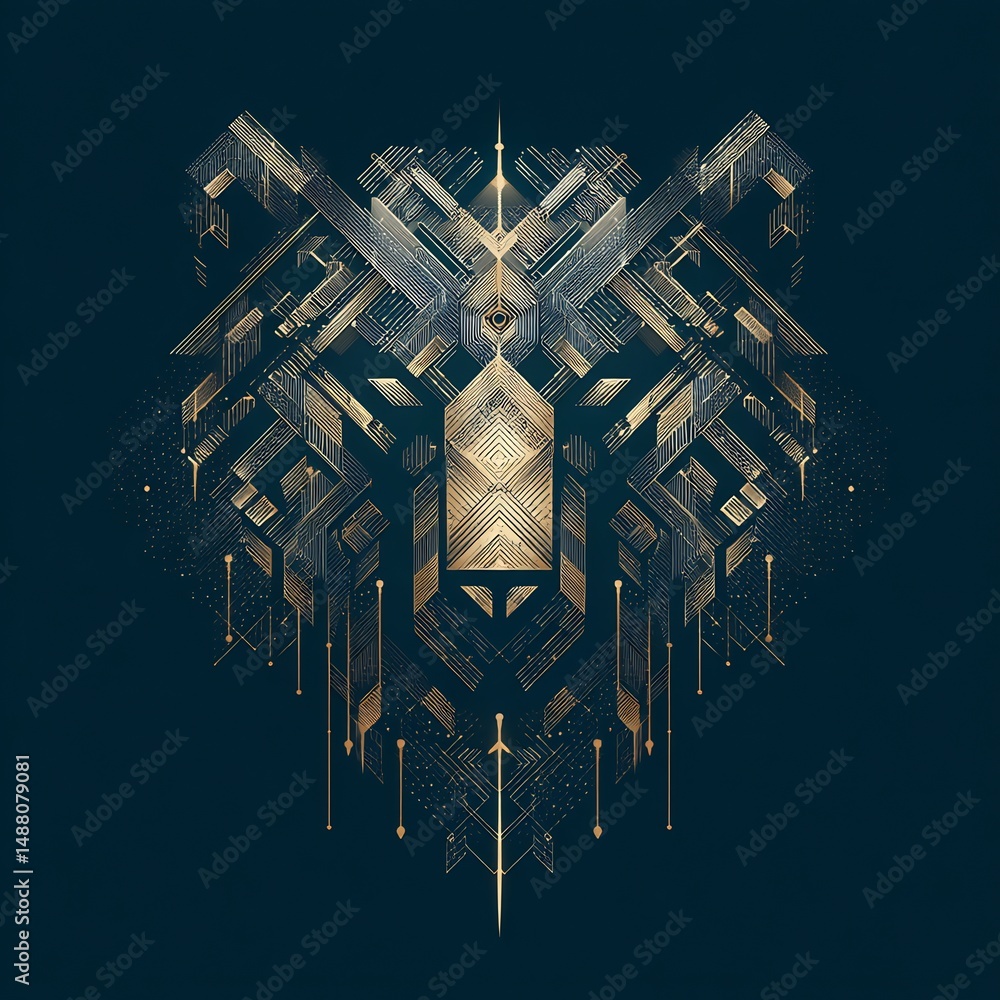 Poster abstract geometric bear head design with intricate details and sharp lines