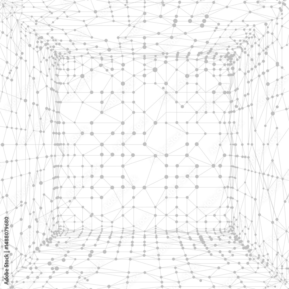 Poster Abstract polygonal perspective space. Dots connected by lines. Abstract wave. Square, cube room. Minimalist mesh.
