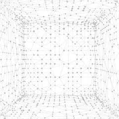 Abstract polygonal perspective space. Dots connected by lines. Abstract wave. Square, cube room. Minimalist mesh.