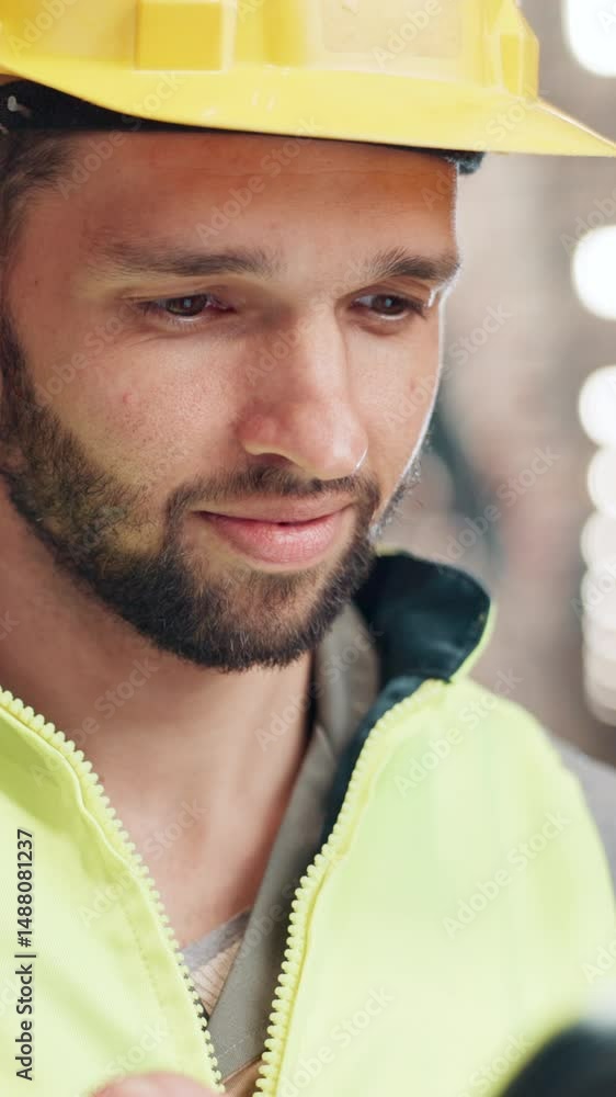 Poster man, tablet and scroll at warehouse for distribution, schedule and inventory management at plant. pe