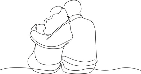Romantic couple sitting together in continuous line drawing style. Minimalist portrait of couple with black linear sketch isolated on white background. Vector illustration
