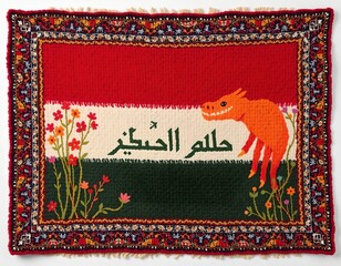 the image shows a rectangular rug or tapestry that has a decorative fringe. the central design features horizontal bands of red, cream, and green, creating a layered effect