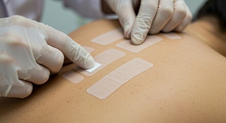 Doctor applying bandages on patient's back for medical treatment closeup