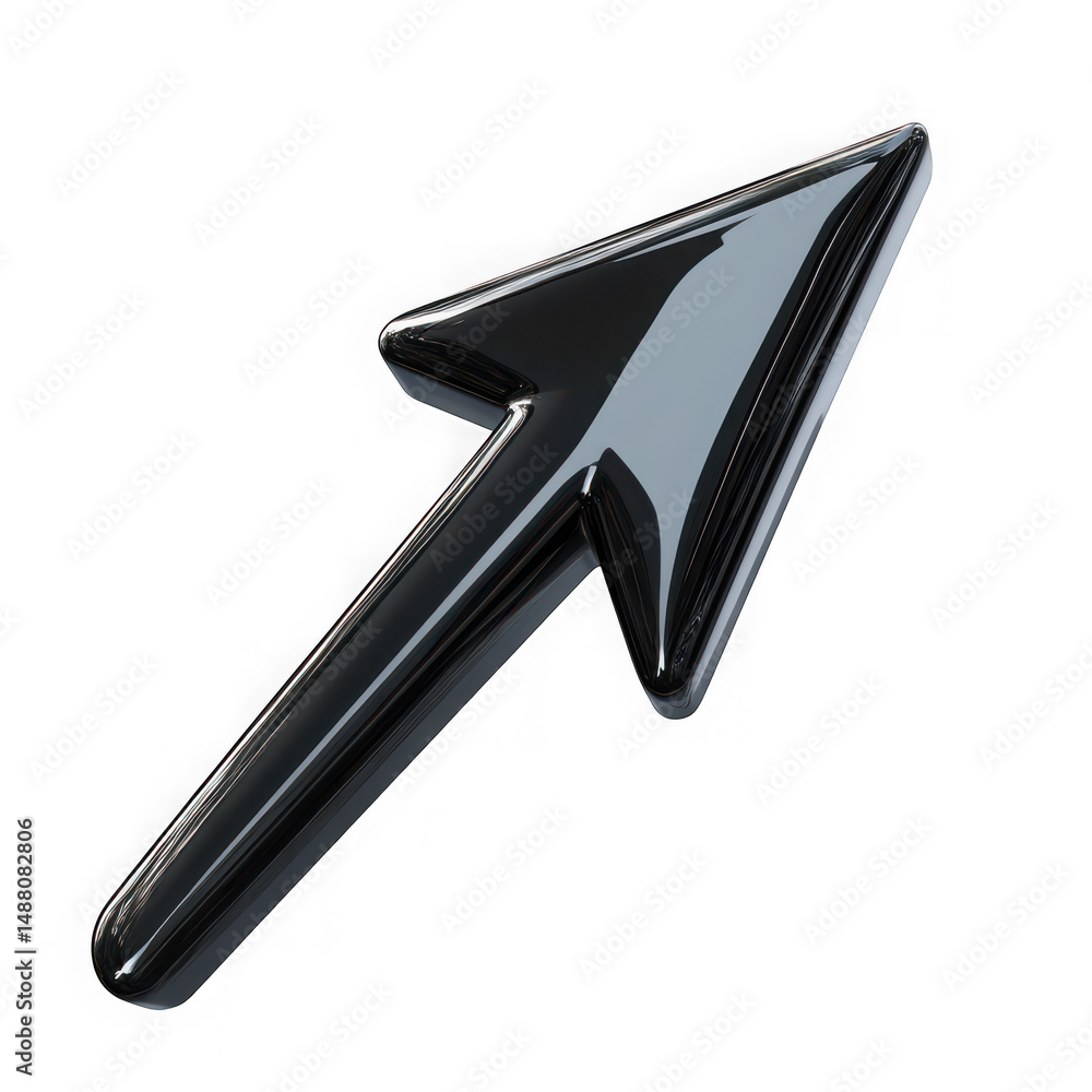 Poster a shiny black arrow pointing diagonally upward on a stark transparent background in a studio shot vi