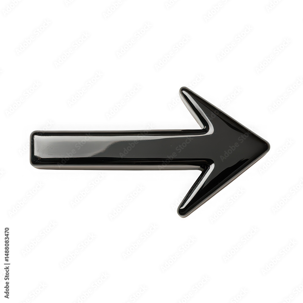 Poster a shiny chrome arrow pointing to the right on a transparent background in a simple clean design styl