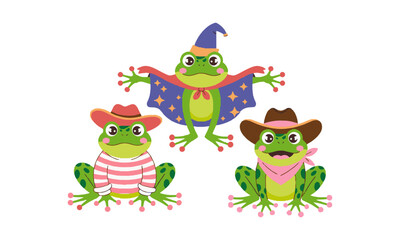 Modern vector illustration of three cute cartoon frogs , easily scalable and editable.