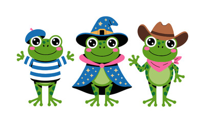 Modern vector illustration of three cute cartoon frogs , easily scalable and editable.