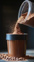 Making protein drink. Pouring chocolate protein powder