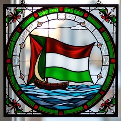 a square stained glass artwork with a black border showcases a circular design