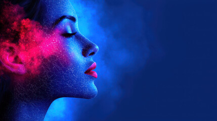Digital portrait of woman with futuristic design, featuring vibrant colors and abstract elements, evokes sense of beauty and technology