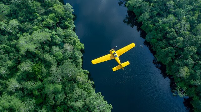 Yellow Airplane Flying Over River