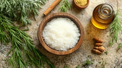 homemade organic skincare flat lay, soft natural window lighting, coconut oil, herbs, turmeric in reusable glass jars on linen cloth, top-down minimal style, clean beauty and zero waste mood