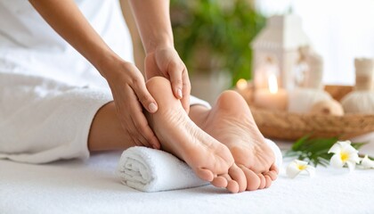 Foot wrapped in warm towels, heel being actively kneaded by hands in focus (only foot and hands visible).