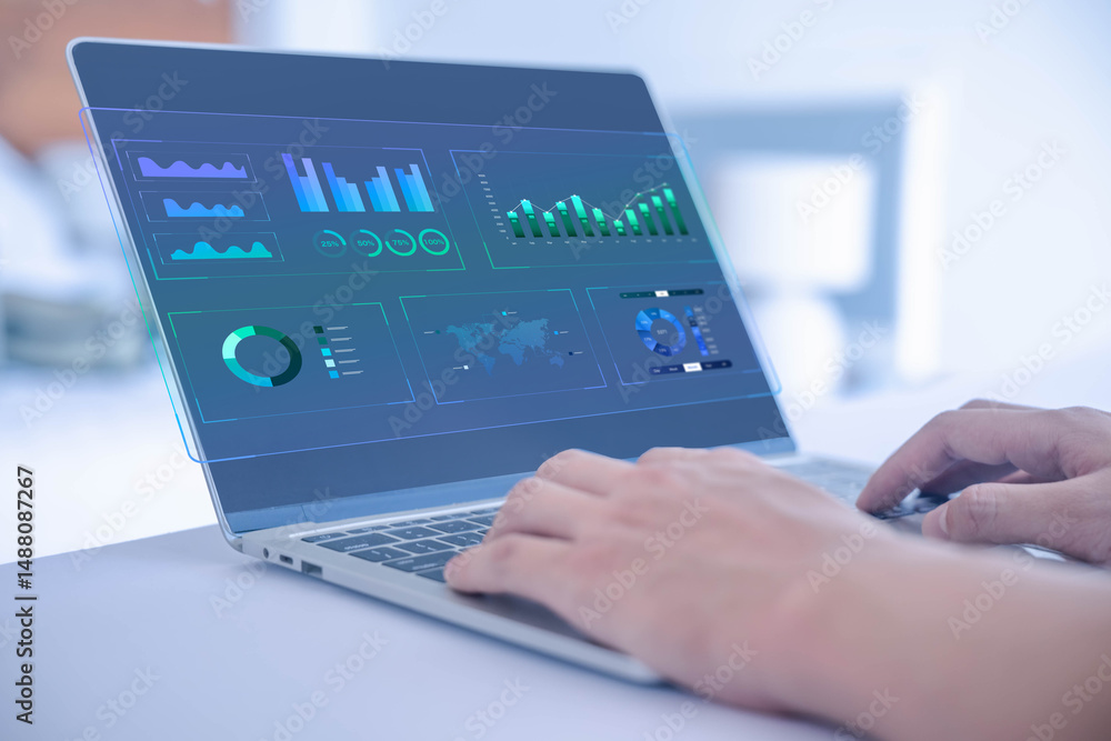 Poster businessman analysis shows a digital dashboard chart of the financial database. concept of business 