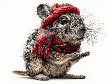 An adorable viscacha rodent wea a red knit hat and scarf poses against a stark white background.