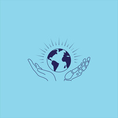 Human and robot hand with Global care logo icon design vector. 