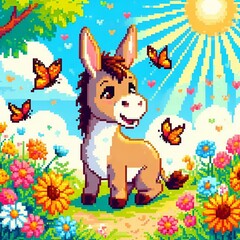 Obraz premium Pixel art of a donkey standing on grass against a clear blue sky with clouds. 