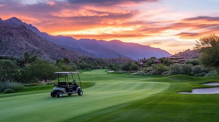 Peaceful Golf Course at Sunrise with Golf Cart