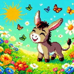 Obraz premium Pixel art of a donkey standing on grass against a clear blue sky with clouds. 