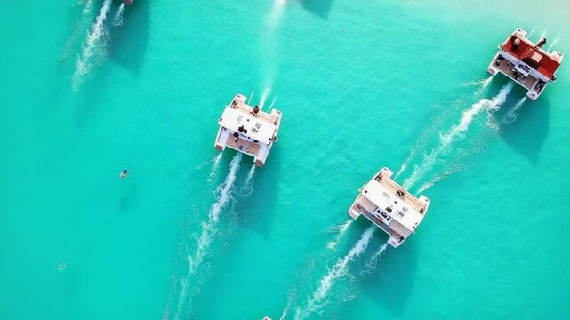 Aerial view of the tourist catamarans rolling the hotel's vacationers through the turquoise waters of the Caribbean Sea.Romance, relaxation and adventure in nature.