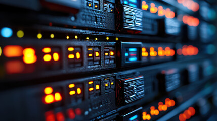 Close up view of high availability network architecture featuring illuminated server components, showcasing vibrant lights and intricate details