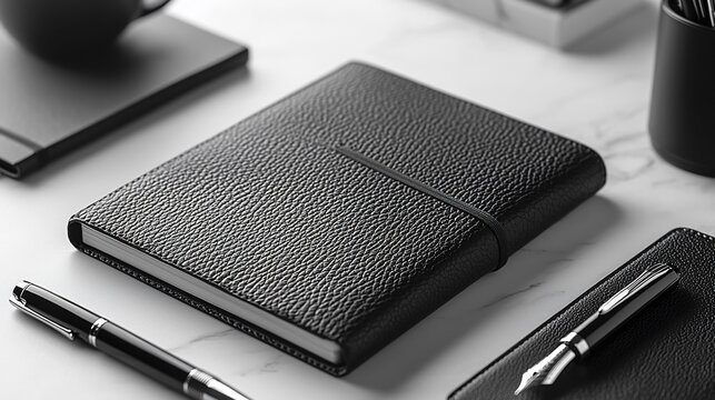 Black leather bound notebook on marble surface
