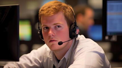 Focused Young Man in Headset at Work
