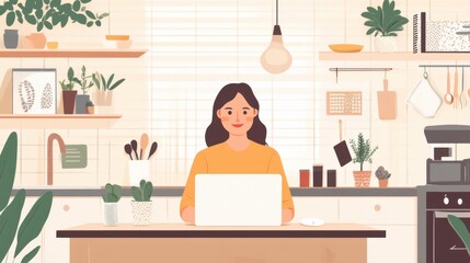 A woman working remotely at home in her kitchen with her laptop computer