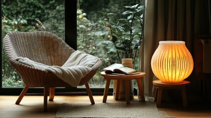A cozy self-care corner with a comfy chair, weighted blanket, and herbal tea on a side table. An open book and glowing Himalayan salt lamp create a peaceful atmosphere for relaxation and mental wellne