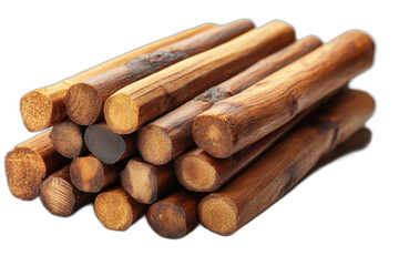 A pile of wooden sticks with varying lengths and textures isolated on transparent background.
