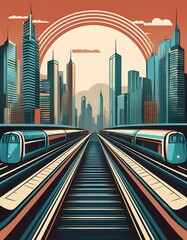 Stylized cityscape with trains on tracks against a vibrant sunset.