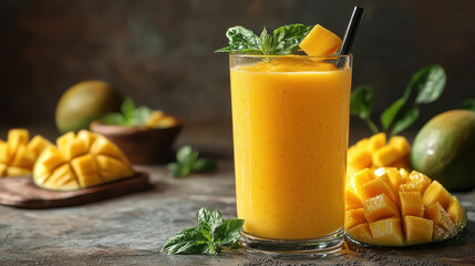 Refreshing mango smoothie with vibrant yellow color, garnished with mint leaves, surrounded by fresh mango pieces and rustic background