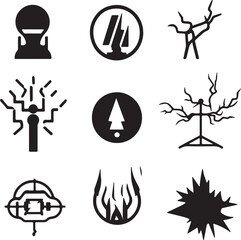 Black and White Vector Icons: Abstract Symbols of Weather, Nature, and Destruction - Graphic Design Elements for Web and Print Projects