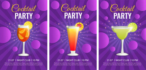 Cocktail Party Invitation Set. Flyer or Poster Design Template with Cocktail Glass and Text.