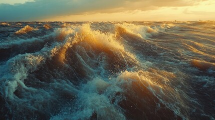 Fototapeta premium Dramatic seascape with golden sunlight illuminating cresting ocean waves