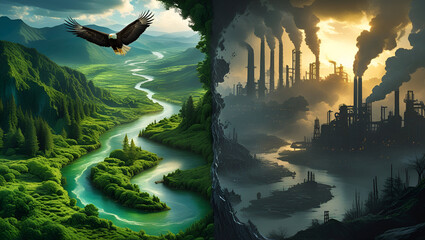 Nature vs Pollution: Lush Green Landscape Meets Industrial Contrast