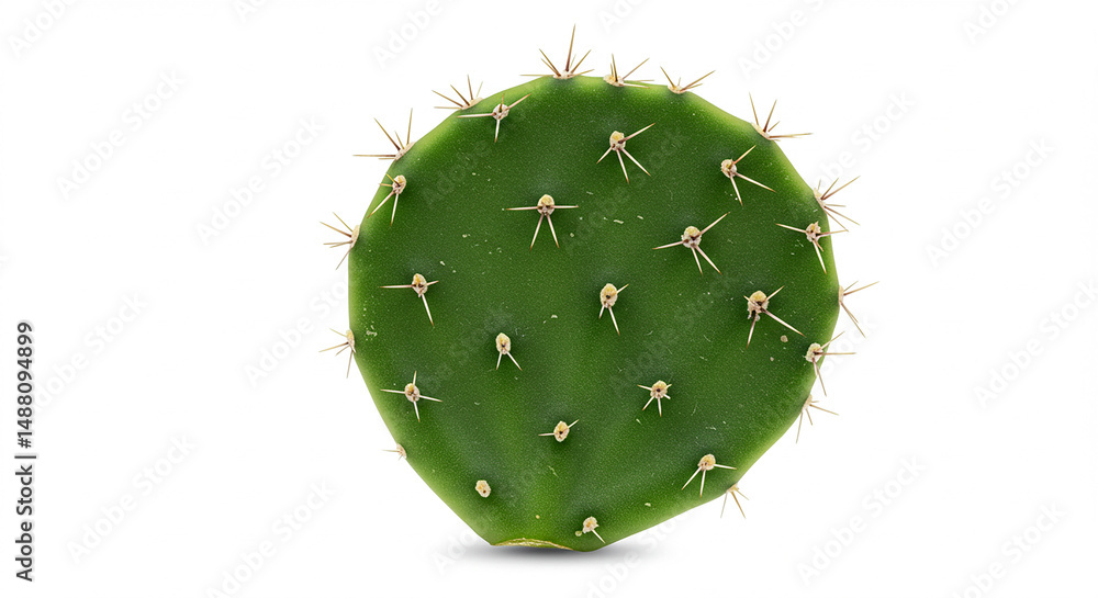 Poster close up of a green cactus pad with sharp thorns on a white background. isolated prickly pear cactus