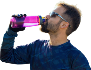 Sports brutal bearded guy on a modern mountain bike. Beautiful view from the mountain.