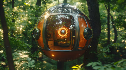 Spherical habitat in the woods. A glimpse of cozy interior through the window in forest foliage, sunbeams in the air