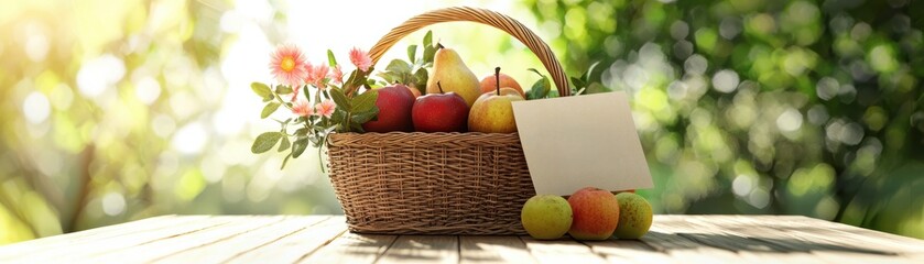 A wicker basket filled with assorted fruits and flowers sits on a wooden table outdoors, with a blank card and a blurred green background, Mother's Day