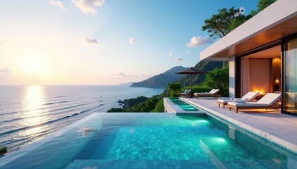 Luxury villa, infinity pool overlooking ocean, beach, swimming, exterior