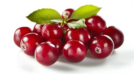 Obraz premium Fresh Red Cranberries with Green Leaves Isolated on White Background 