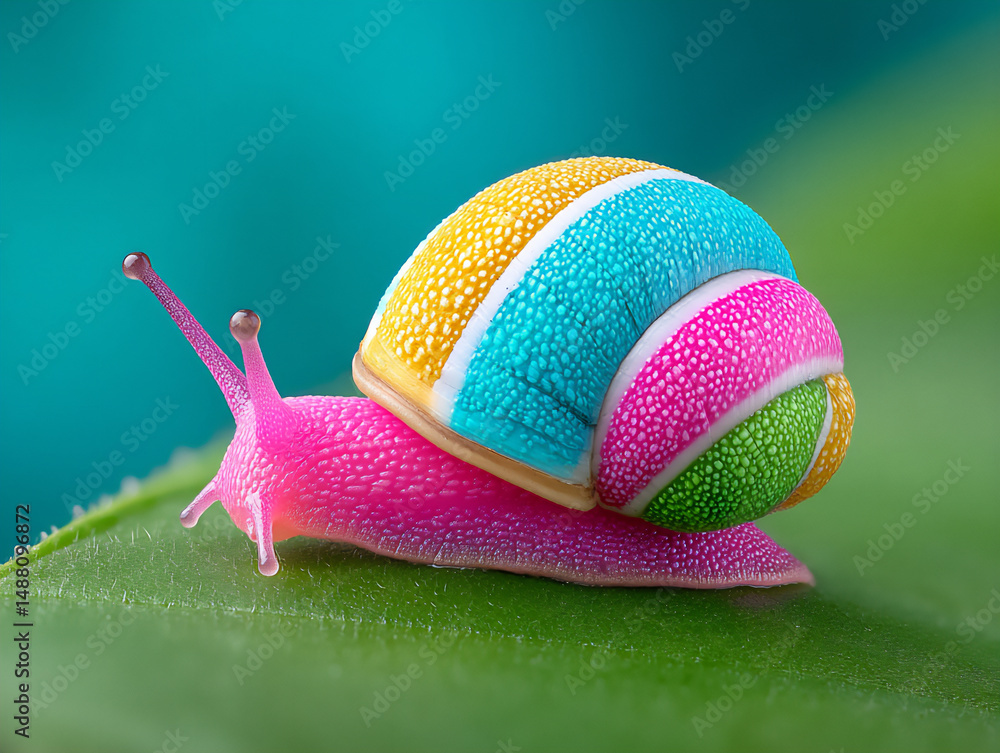 Aufkleber close-up photograph of a snail with a colorful shell slowly moving across a leaf
