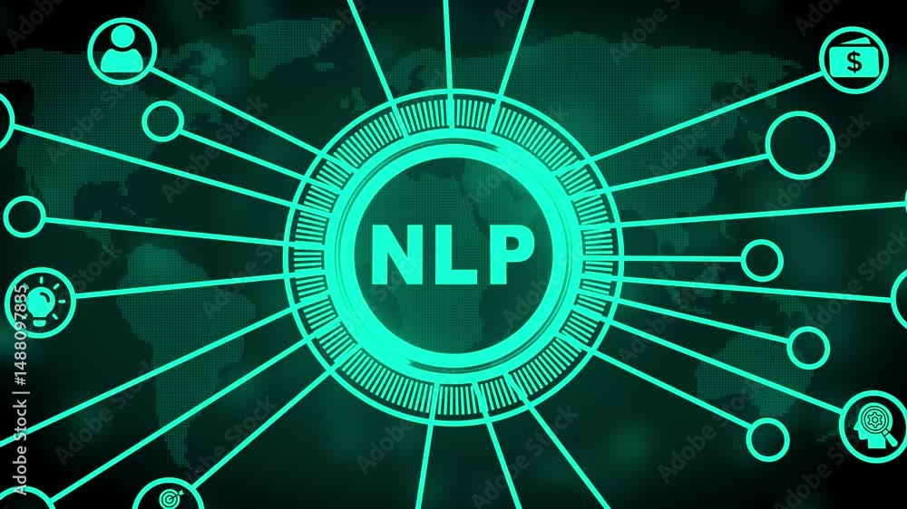 Poster futuristic digital animation of nlp technology concept with global connections on a dark background