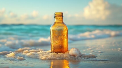 Bottle of beverage beside ocean