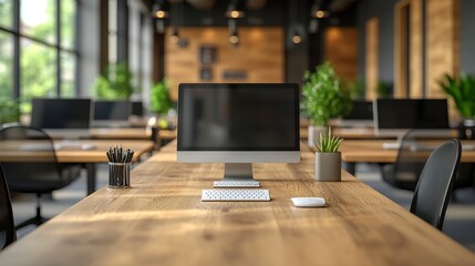 Modern Workspace with Desktop Computer and Indoor Plants