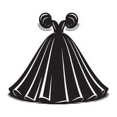 Elegant ball gown with puffy sleeves and frilled details in black, Vector black silhouette. with white background
