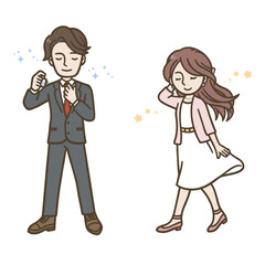 香水や柔軟剤などの香りをまとう男女のイラスト（ビジネススーツとワンピース）