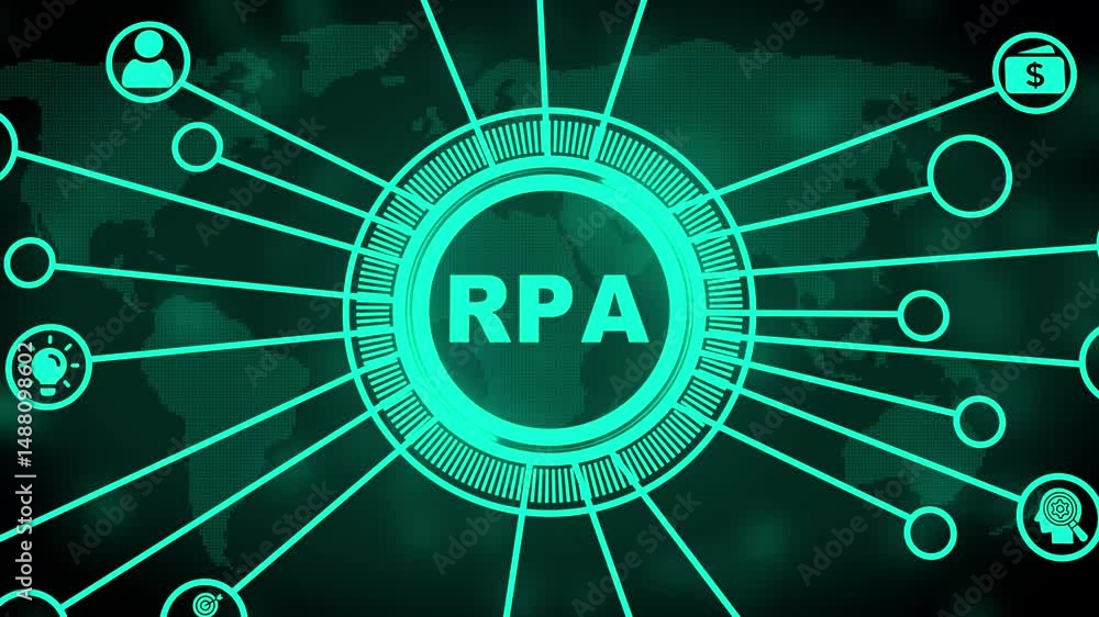 Poster animated rpa concept demonstrating technological automation and global connectivity