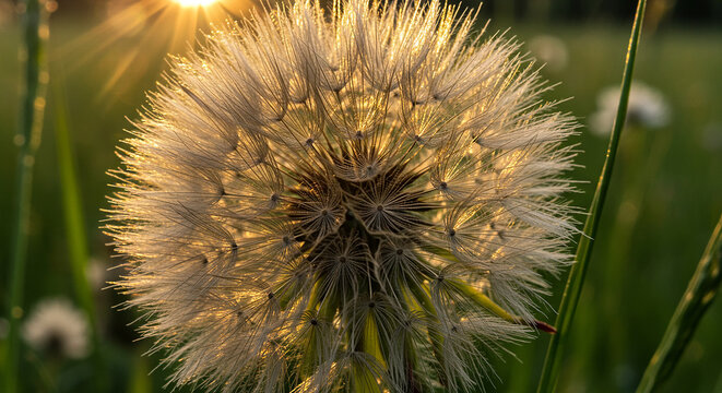 Close up of a dandelion flower head illuminated by the sun at sunset. Nature and hope concept.